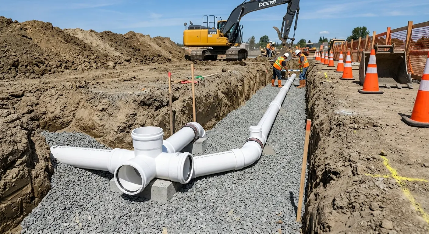 New PVC sewer pipe installation in open trench for Sewer Camera Inspection in Northglenn