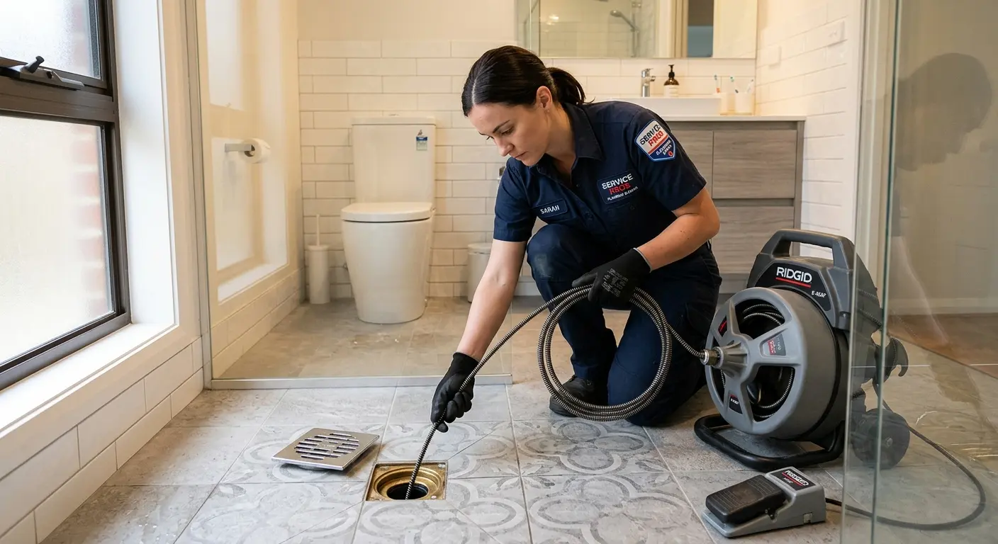 Technician clearing a bathroom floor drain for Hydro Jetting in Northglenn